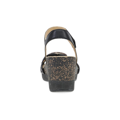 Dansko Stella - Women's Contoured Footbed Sandal - Black Woven Heel View