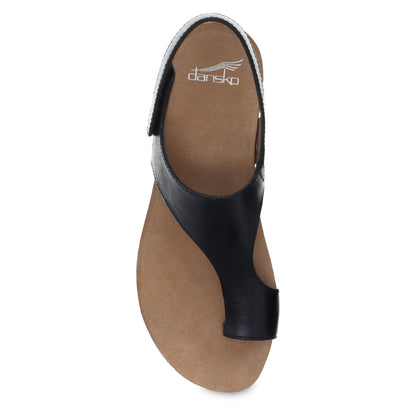 Dansko Reece - Women's Adjustable Strap Sandal - Black Waxy Burnished Top View
