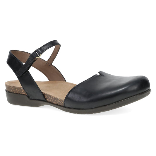 Dansko Rowan - Women's Adjustable Strap Sandal - Black Waxy Burnished Outside View
