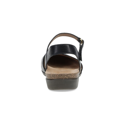 Dansko Rowan - Women's Adjustable Strap Sandal - Black Waxy Burnished Heel View