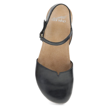 Dansko Rowan - Women's Adjustable Strap Sandal - Black Waxy Burnished Top View