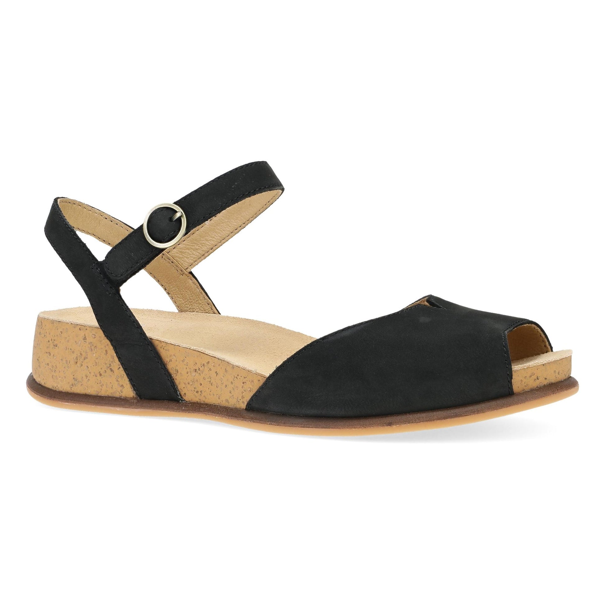 Dansko Cass - Women's Contoured Footbed Sandal - Black Milled Nubuck Outside View
