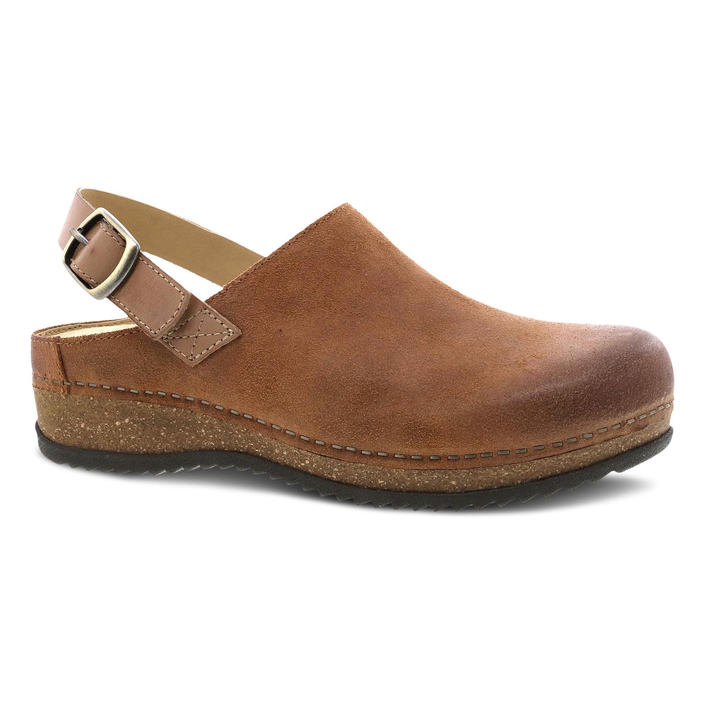 Dansko Merrin - Women's Arch Support Clog - Tan Burnished Suede Outside View