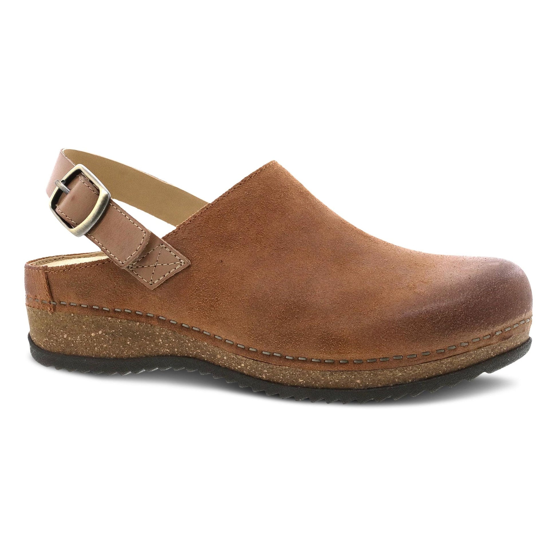 Dansko Merrin - Women's Arch Support Clog - Tan Burnished Suede Outside View