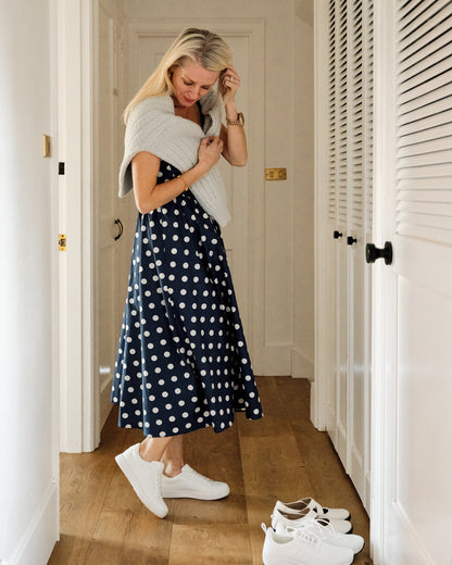 WCV002P Charlie WHT Lifestyle Hallway Polkadot Dress
